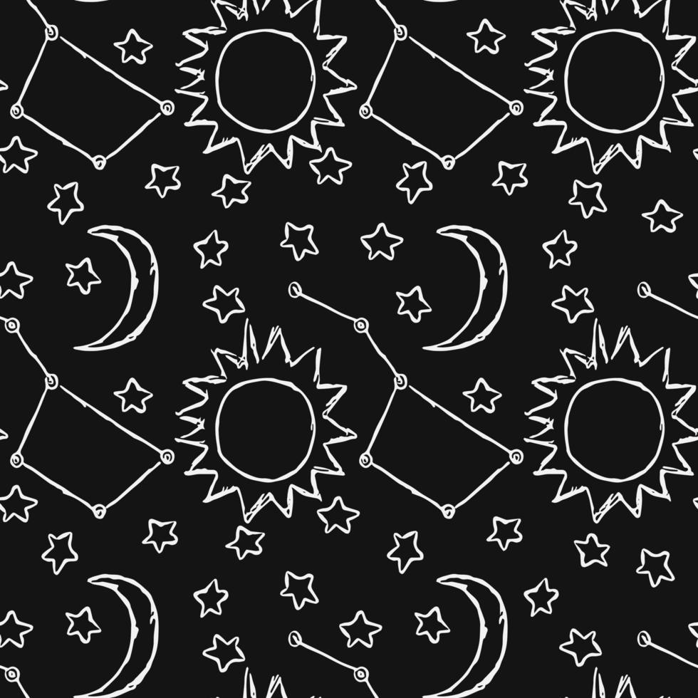 Cosmos background. Doodle vector space illustration with moon, stars and sun Seamless space pattern