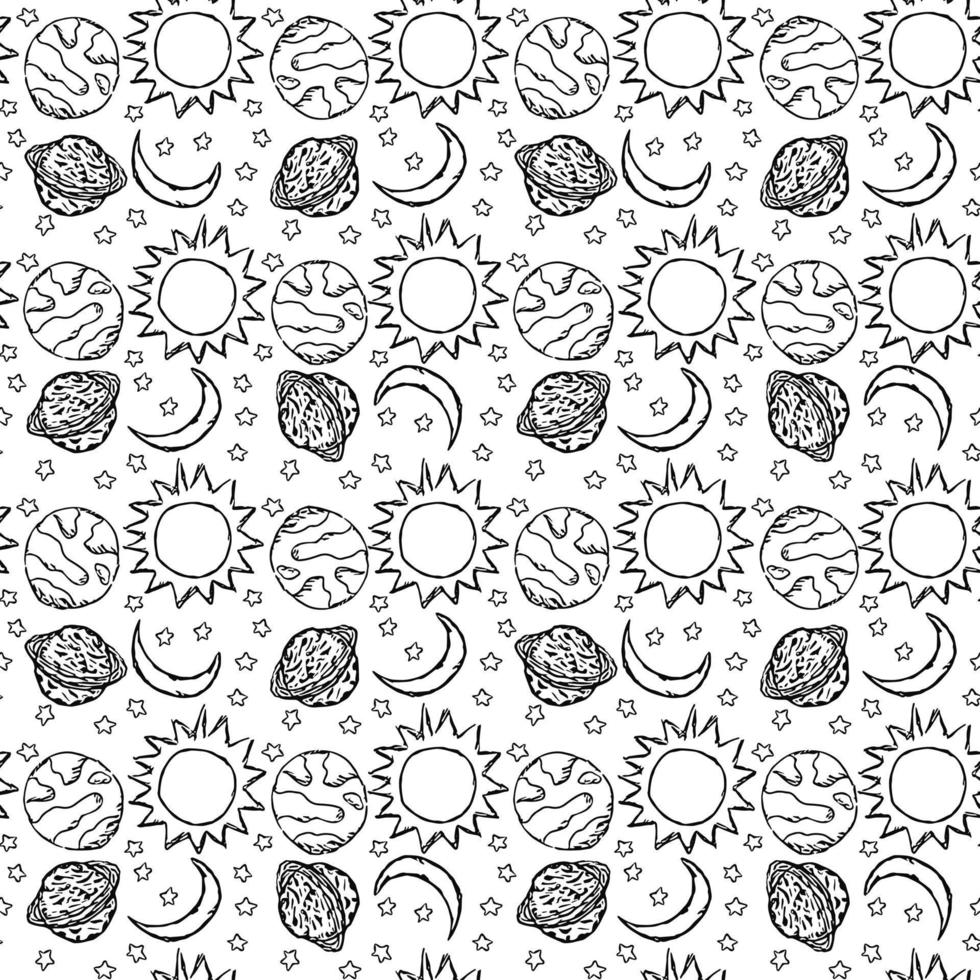 Seamless space pattern. Cosmos background. Doodle vector space illustration with planets, stars, moon, sun