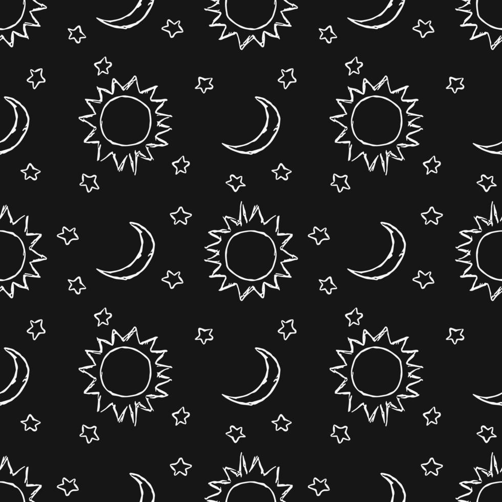 Doodle vector space illustration with moon, stars and sun Seamless space pattern. Cosmos background