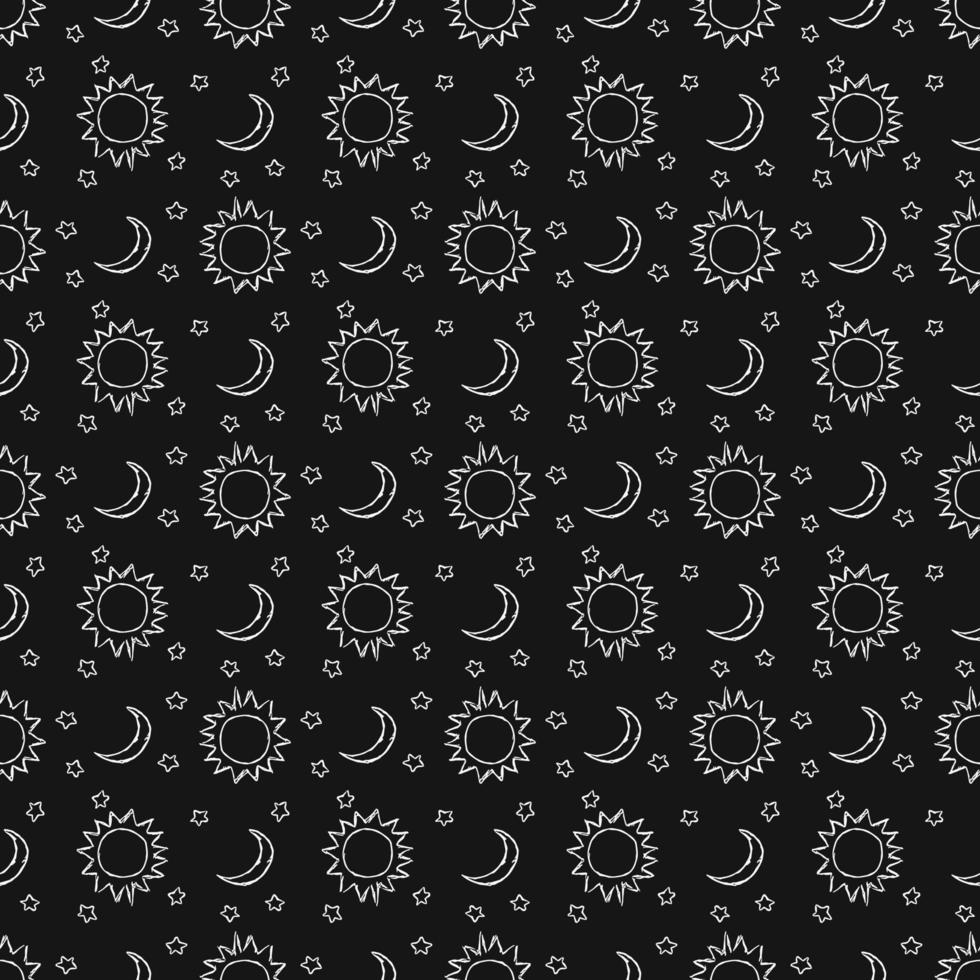 Doodle vector space illustration with moon, stars and sun Seamless space pattern. Cosmos background