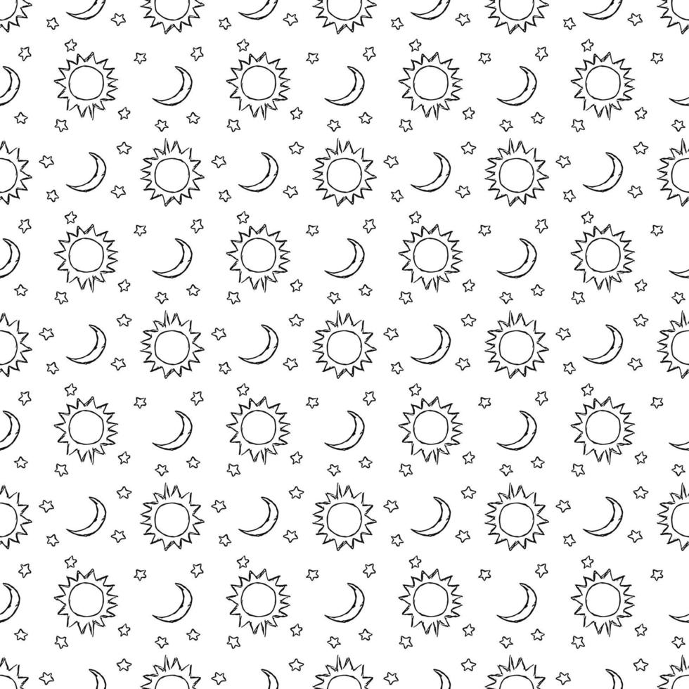 Doodle vector space illustration with moon, stars and sun Seamless space pattern. Cosmos background