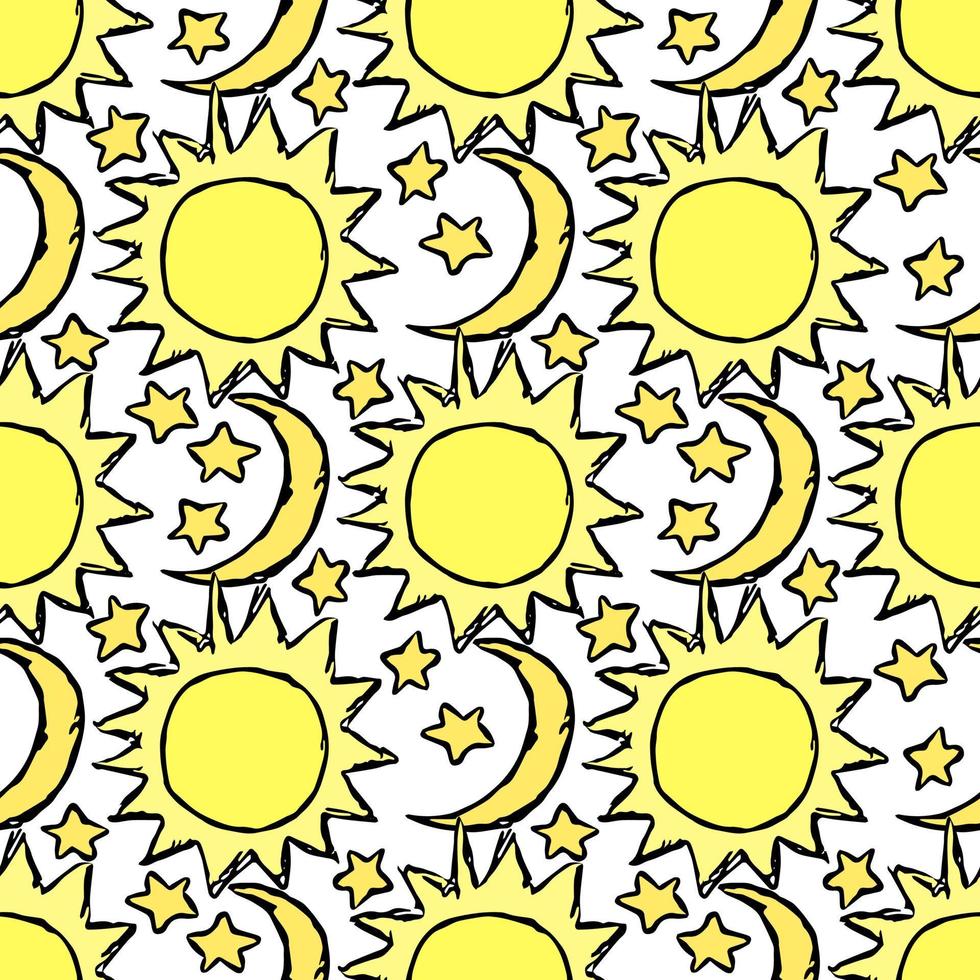 Doodle vector space illustration with moon, stars and sun Seamless space pattern. Cosmos background