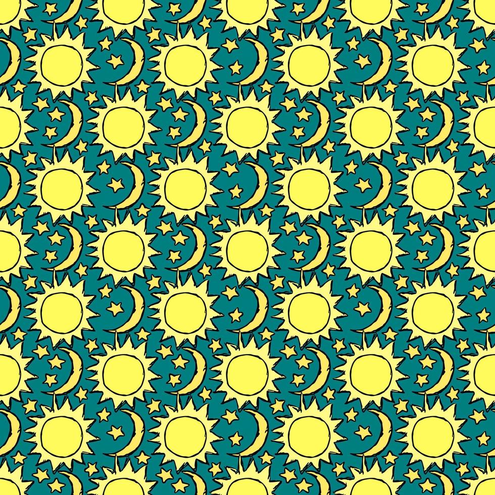 Doodle vector space illustration with moon, stars and sun Seamless space pattern. Cosmos background