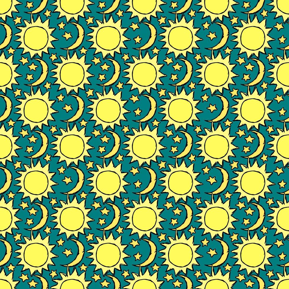 Doodle vector space illustration with moon, stars and sun Seamless space pattern. Cosmos background