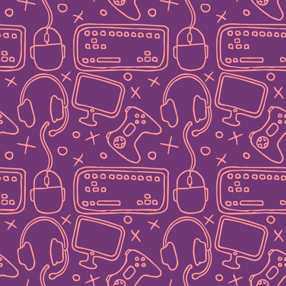 Seamless gaming pattern. Background with gamepad,monitor, keyboard, computer mouse, headphones vector