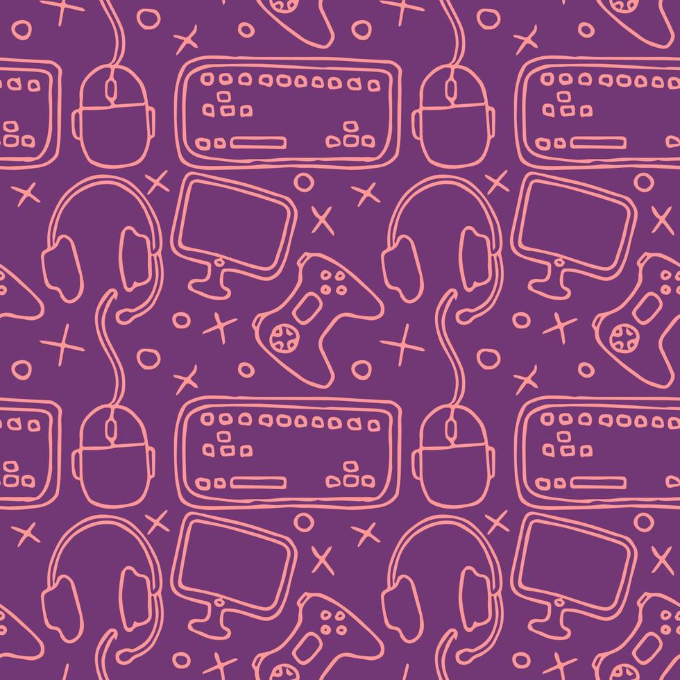 Seamless gaming pattern. Background with gamepad,monitor, keyboard, computer mouse, headphones vector