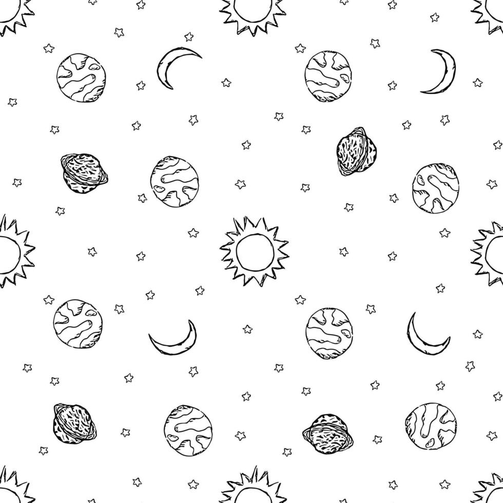 Seamless space pattern. Cosmos background. Doodle vector space illustration with planets, stars, moon, sun