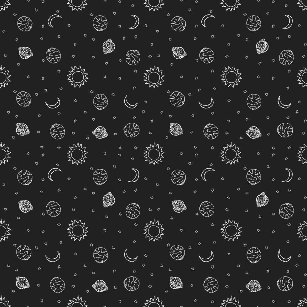 Seamless space pattern. Cosmos background. Doodle vector space illustration with planets, stars, moon, sun