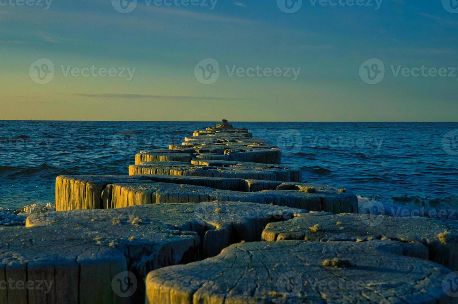 groynes on the beach of the Baltic Sea in Zingst. Waves break on the wood photo