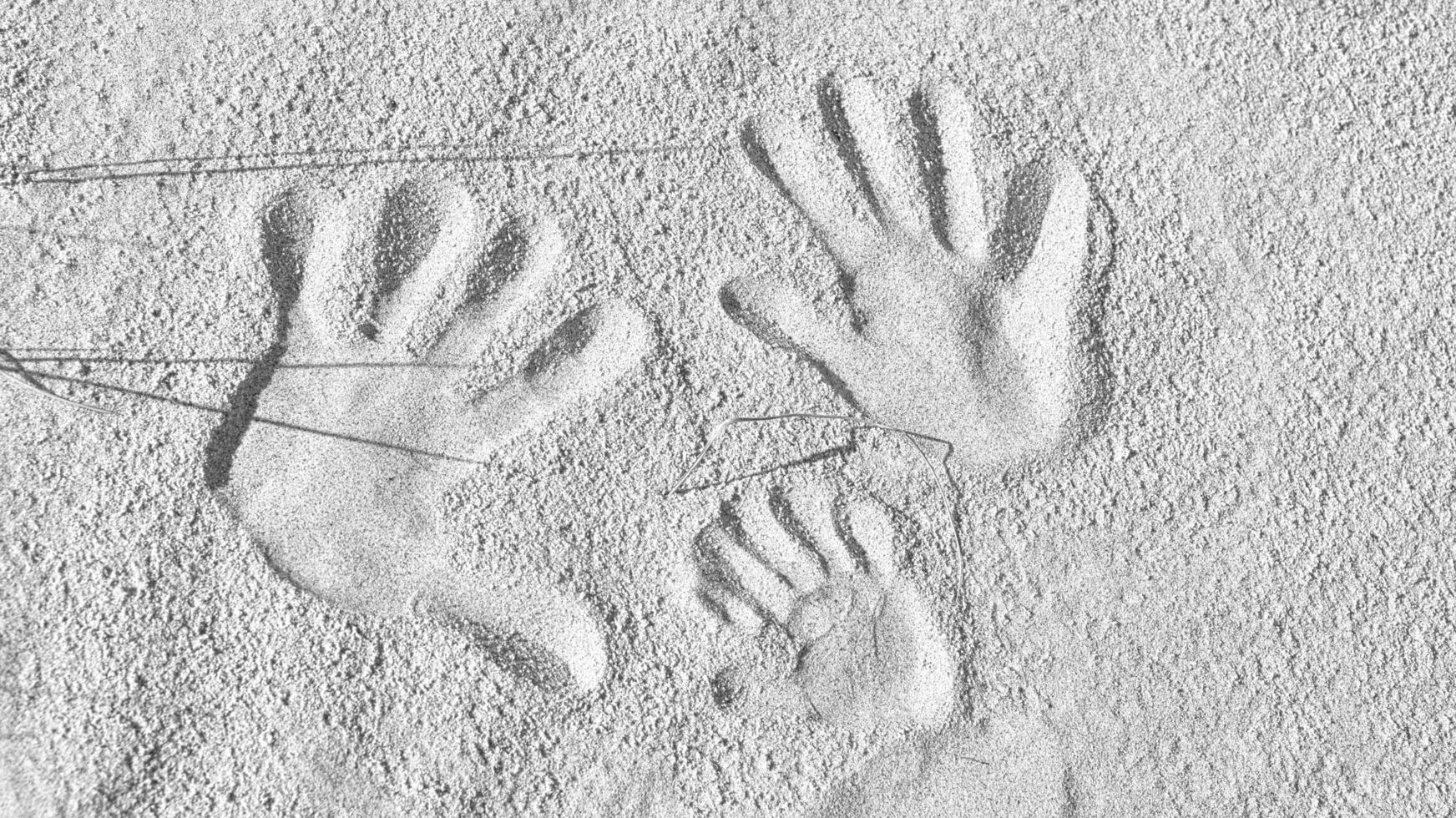 handprints in the sand on the beach of the Baltic Sea in black and white photo