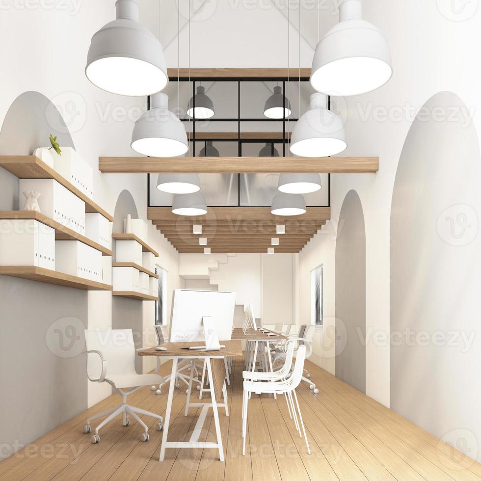 Nordic office room with hanging lamp and wood desk, white wall and wood floor. 3d rendering photo