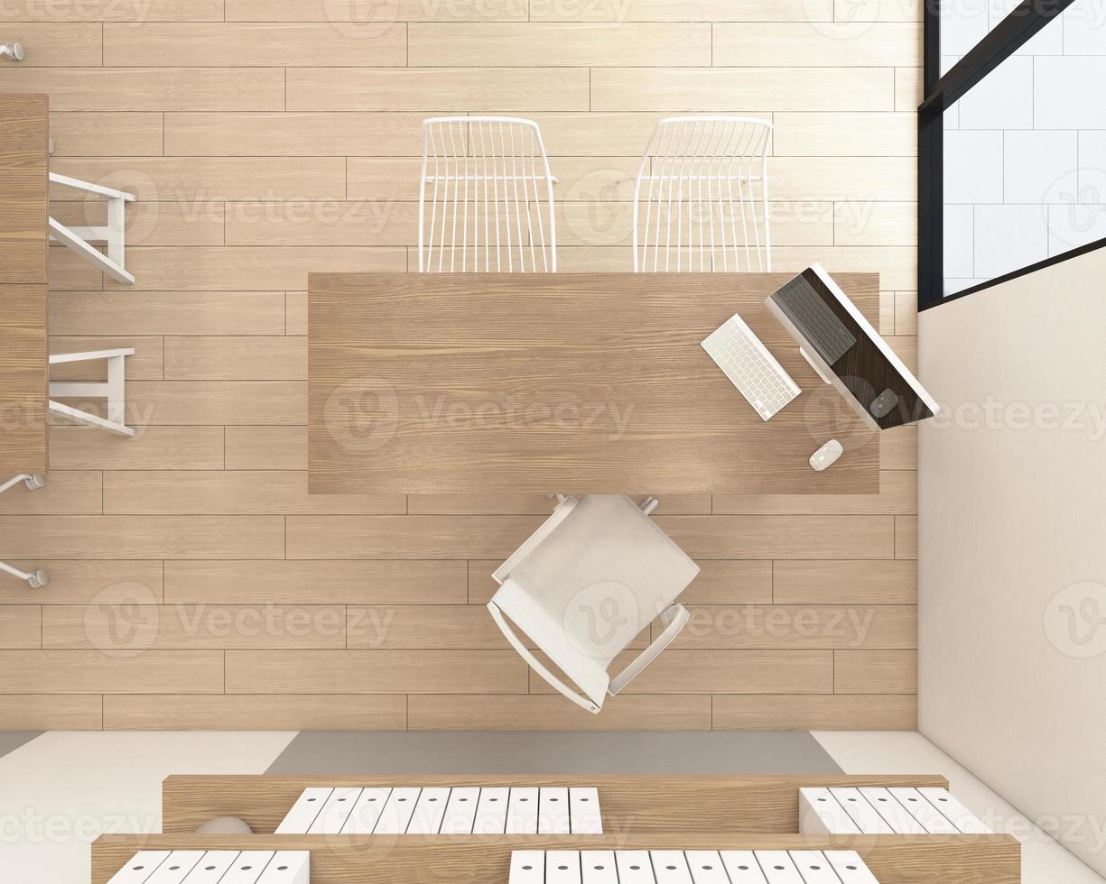 Top view of reception room with wood desk and wood floor. 3d rendering photo