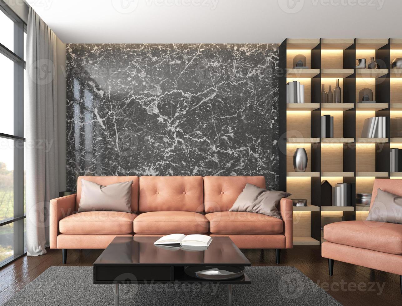 Modern luxury living room with leather sofa set, black marble wall and