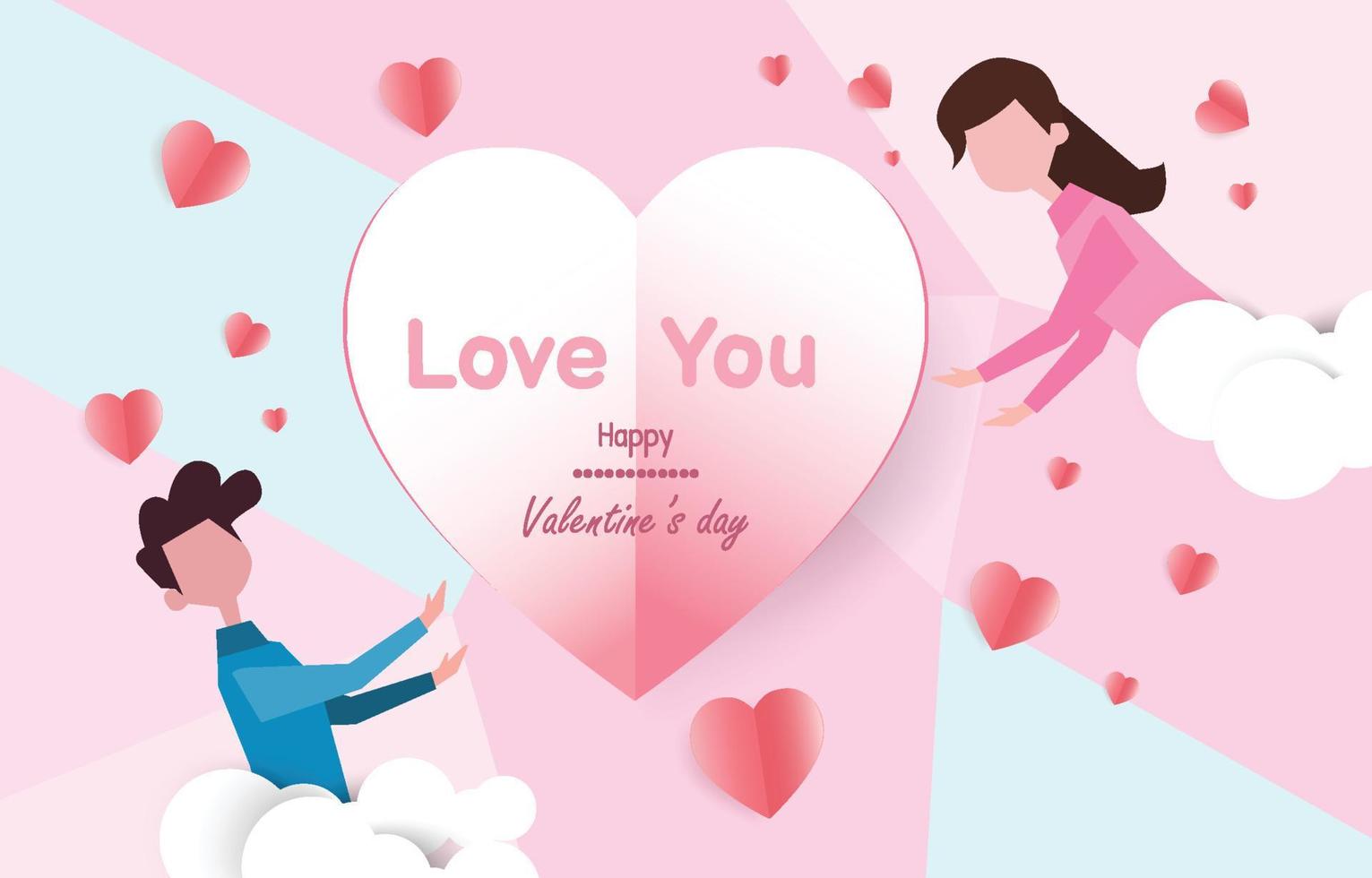 Paper cut elements in shape of young people and  haerts papercut background. Vector symbols of love for Happy Valentine's Day,  greeting card design.