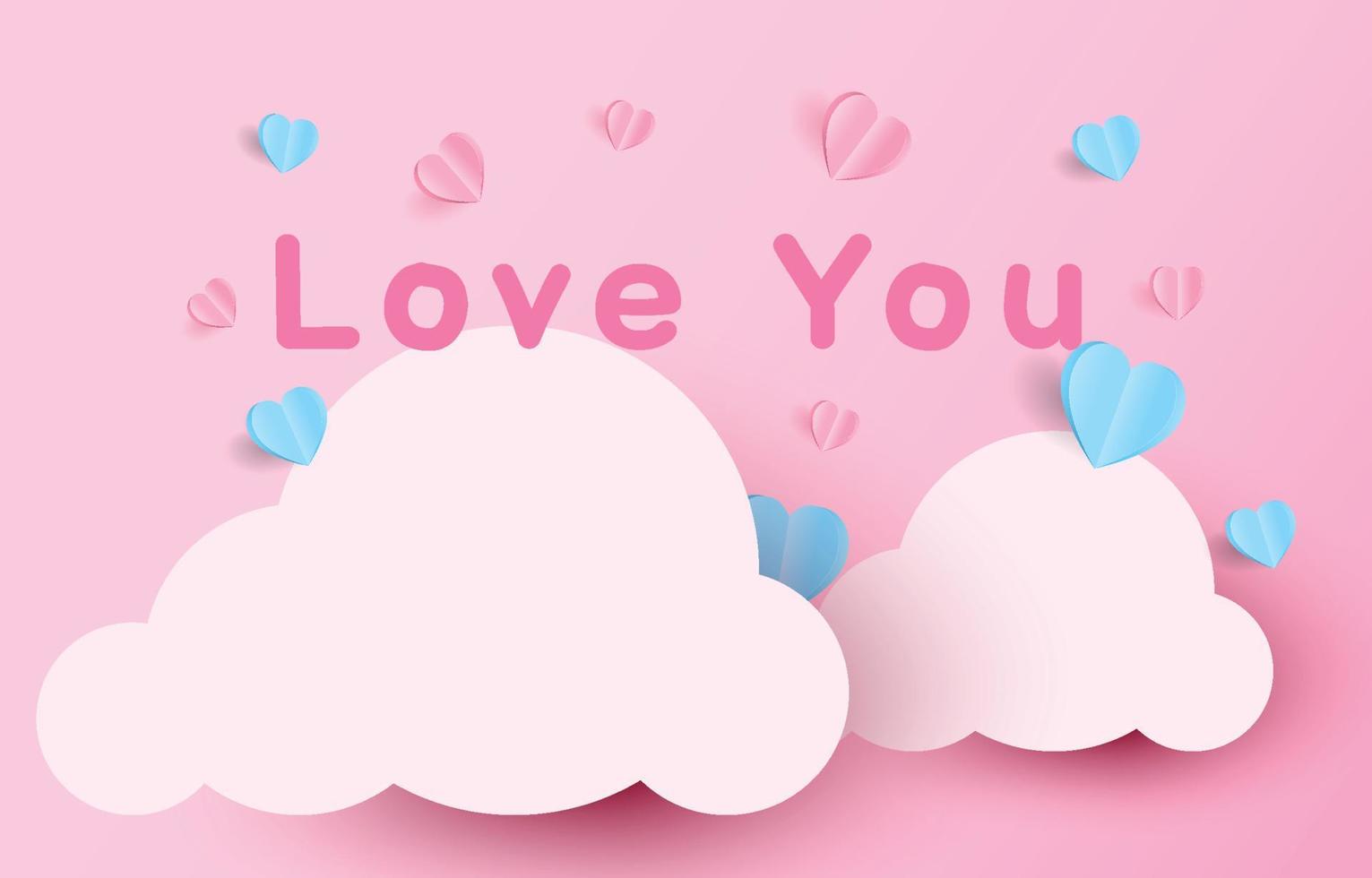 Paper cut elements in shape of heart flying on pink and sweet background. Vector symbols of love for Happy Valentine's Day, birthday greeting card design.