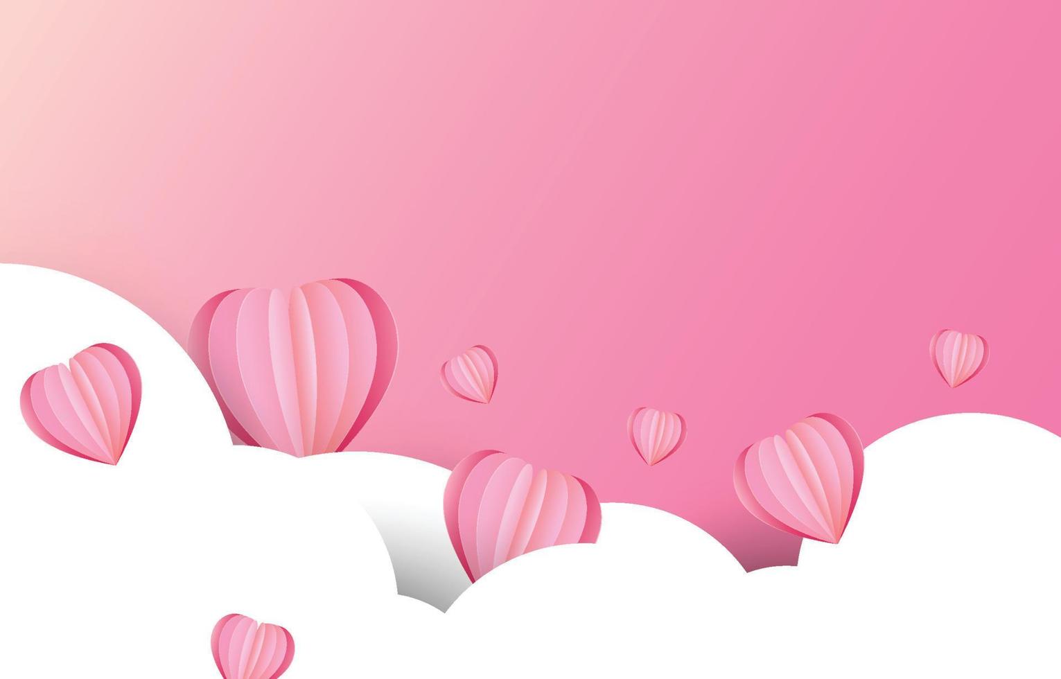 Paper cut elements in shape of heart flying on pink and sweet background. Vector symbols of love for Happy Valentine's Day, birthday greeting card design.