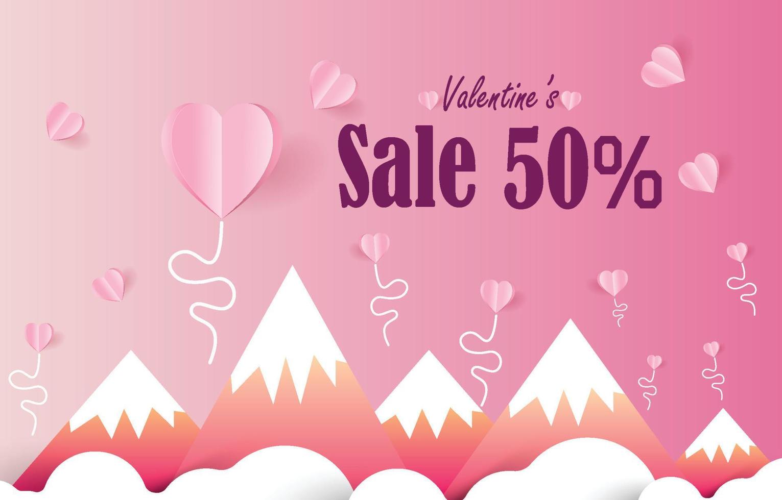 Valentine's sale Paper cut elements in shape of heart flying on mountain and text sale on pink and sweet background. Vector symbols of love for Happy Valentines Day, greeting card design.