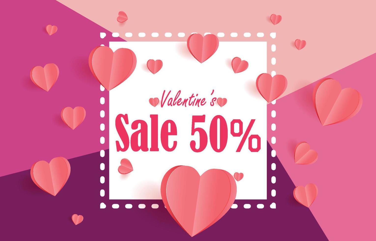 elementos de corte de papel de venta de san valentín en forma de corazón volando en marco y venta de texto sobre fondo rosa y dulce. símbolos vectoriales de amor por el feliz día de San Valentín, diseño de tarjetas de felicitación. vector