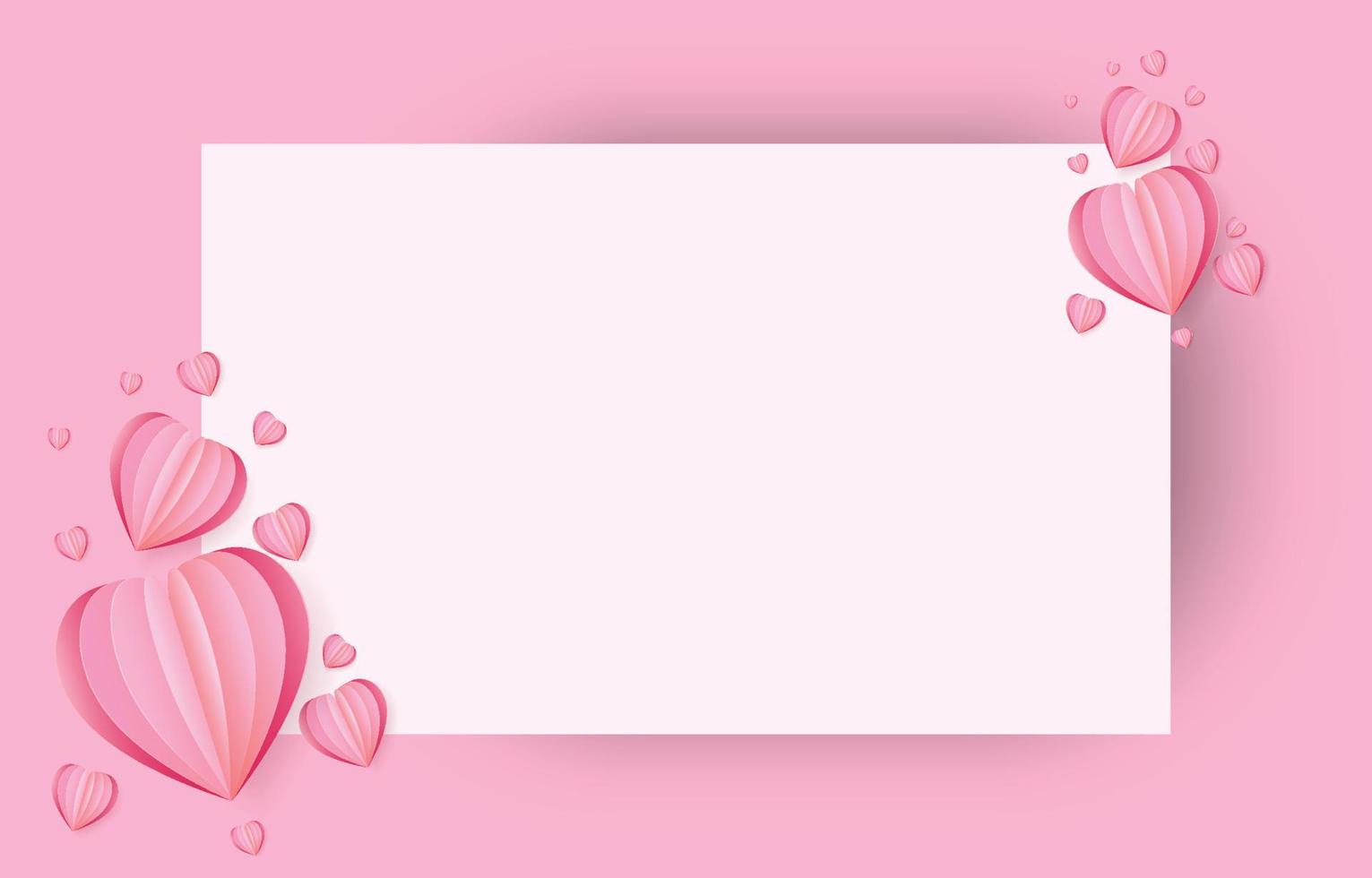 los elementos cortados en papel en forma de corazón en un marco rectangular tienen espacio libre y un fondo rosa dulce. símbolos vectoriales de amor por el feliz día de San Valentín, diseño de tarjetas de felicitación de cumpleaños. vector