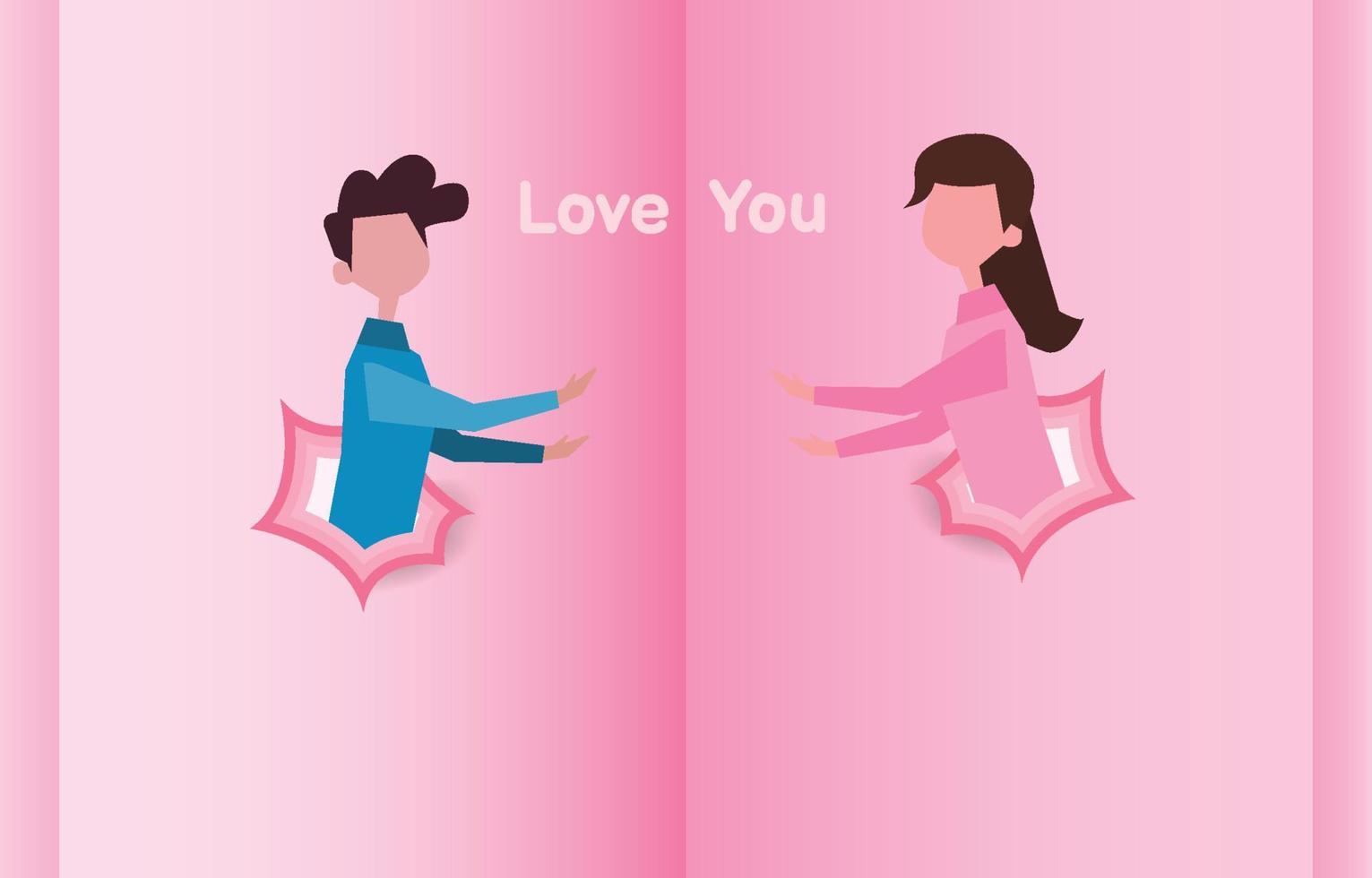 Paper cut elements in shape of young people and  haerts papercut background. Vector symbols of love for Happy Valentine's Day,  greeting card design.