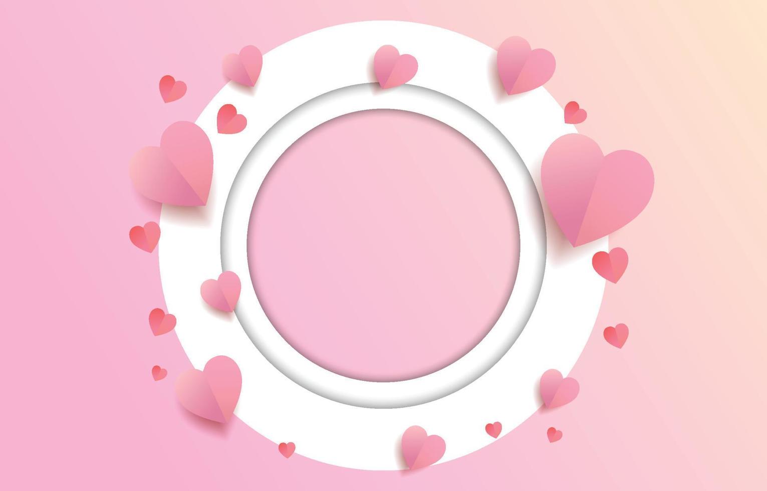 Paper cut elements in shape of heart  with circle frame with a greeting on pink and sweet  background. Vector symbols of love for Happy Valentine's Day, greeting card design.