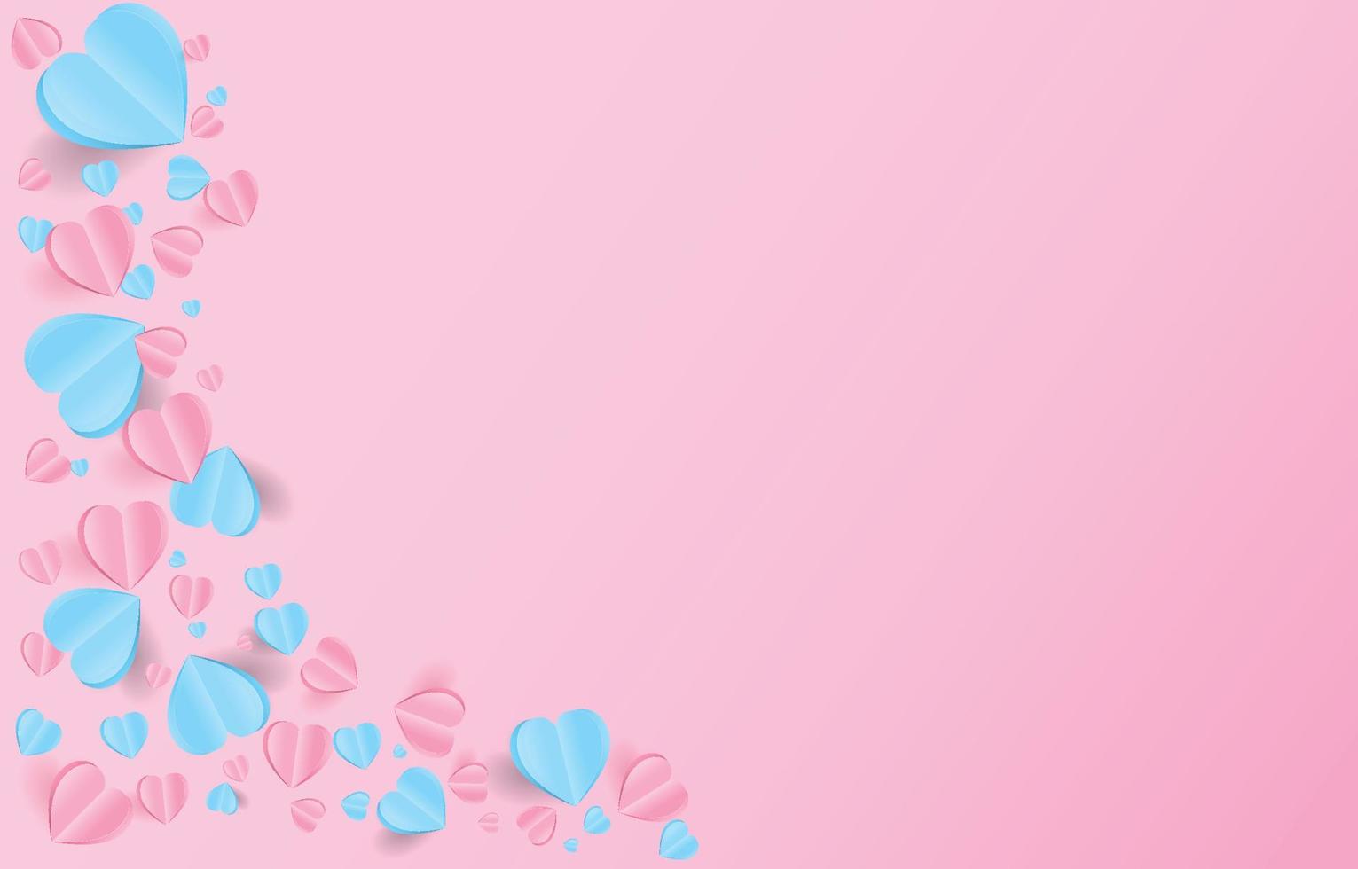 elementos de corte de papel en forma de corazón volando sobre fondo rosa y dulce. símbolos vectoriales de amor por el feliz día de San Valentín, diseño de tarjetas de felicitación de cumpleaños. vector