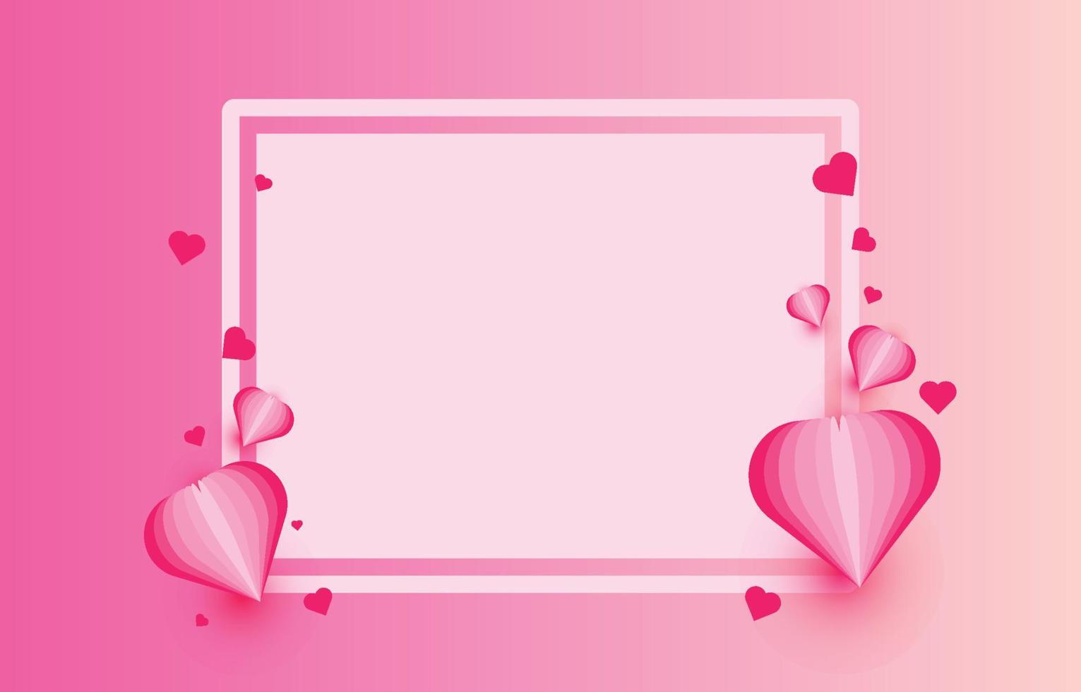 los elementos cortados en papel en forma de corazón en un marco rectangular tienen espacio libre y un fondo rosa dulce. símbolos vectoriales de amor por el feliz día de San Valentín, diseño de tarjetas de felicitación de cumpleaños. vector