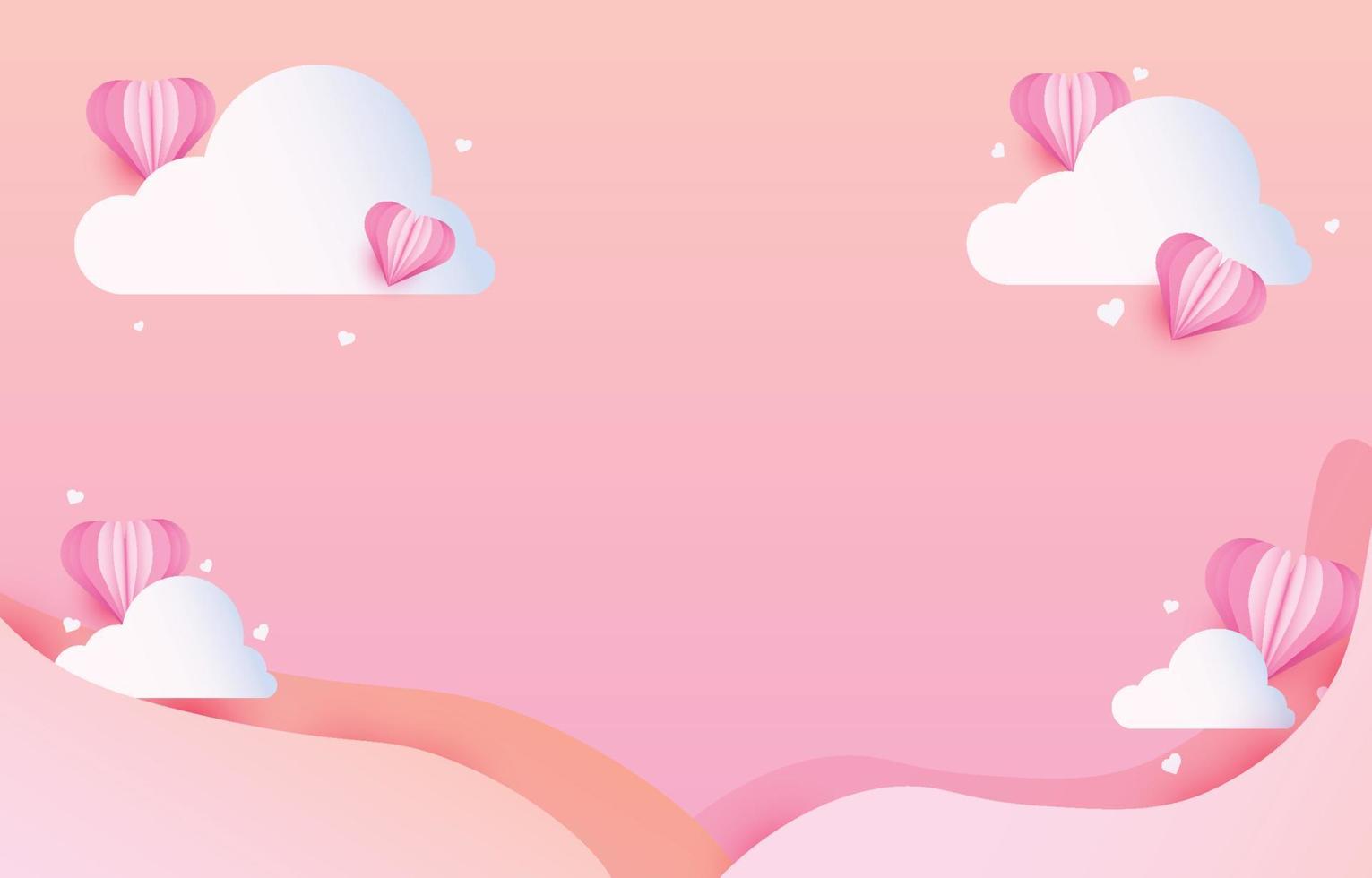 los elementos cortados en papel en forma de corazón con las nubes tienen espacio libre y fondo rosa dulce. símbolos vectoriales de amor por el feliz día de San Valentín, cumpleaños o diseño de tarjetas de felicitación del día de la madre. vector