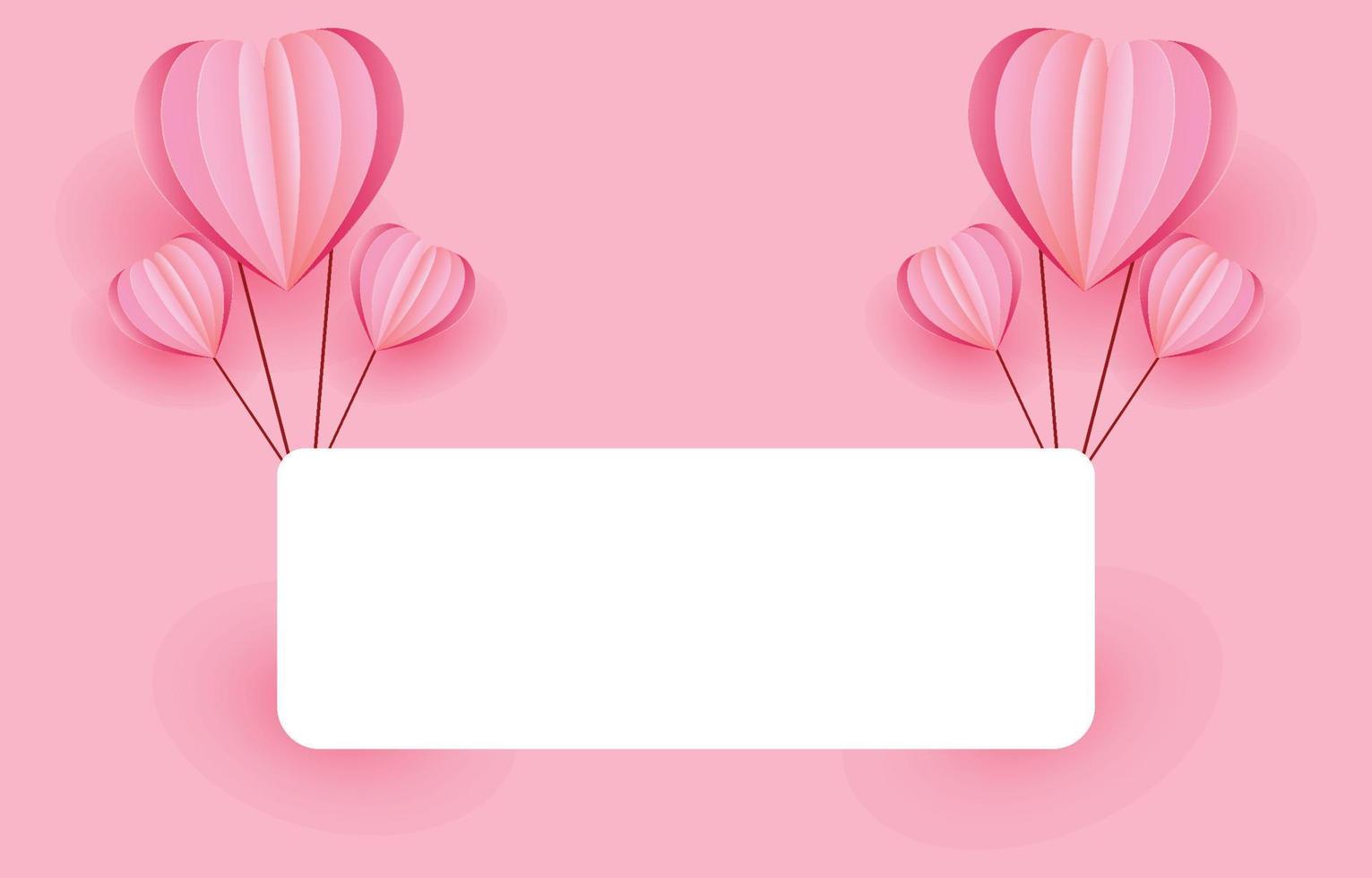 los elementos cortados en papel en forma de corazón en un marco rectangular tienen espacio libre y un fondo rosa dulce. símbolos vectoriales de amor por el feliz día de San Valentín, diseño de tarjetas de felicitación de cumpleaños. vector