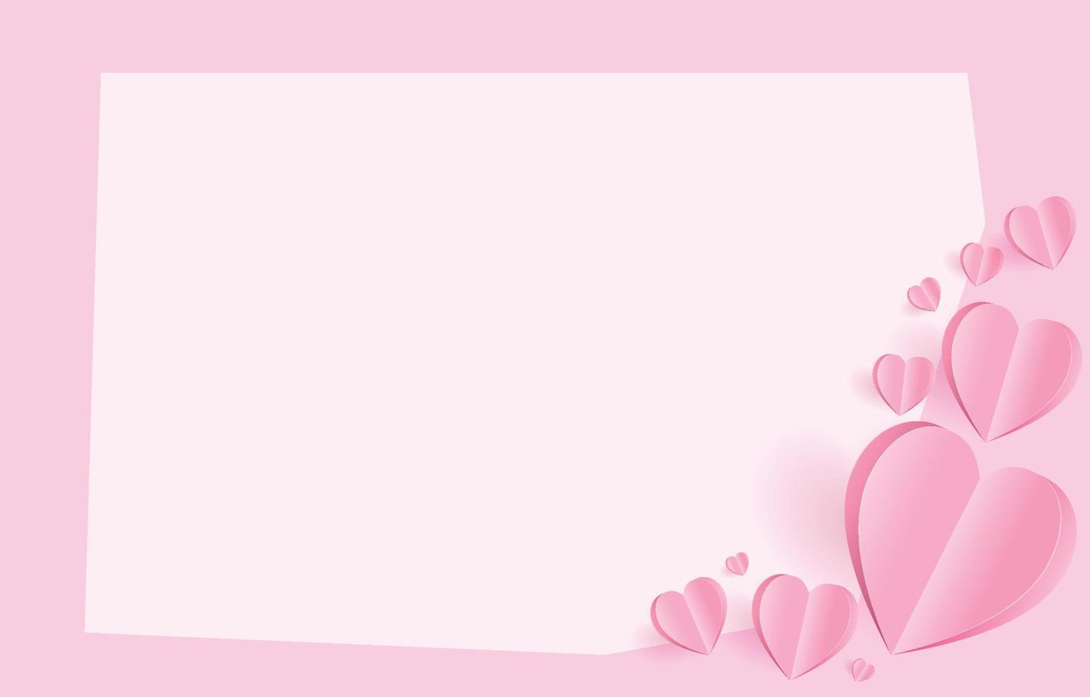 los elementos cortados en papel en forma de corazón en un marco rectangular tienen espacio libre y un fondo rosa dulce. símbolos vectoriales de amor por el feliz día de San Valentín, diseño de tarjetas de felicitación de cumpleaños. vector