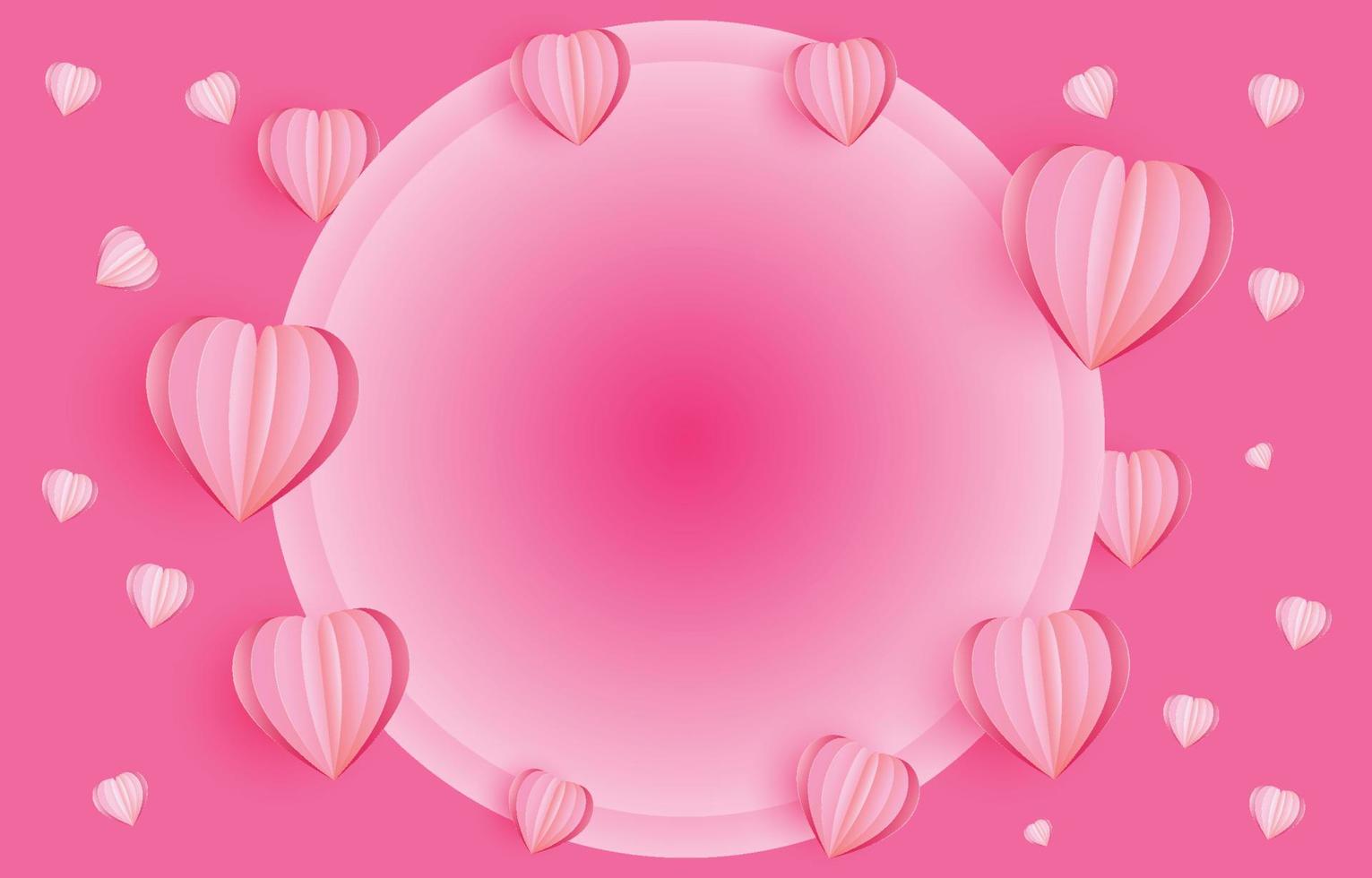 Paper cut elements in shape of heart flying and clouds on pink and sweet background with a blank circle frame. Vector symbols of love for Happy Valentine's Day, birthday greeting card design.