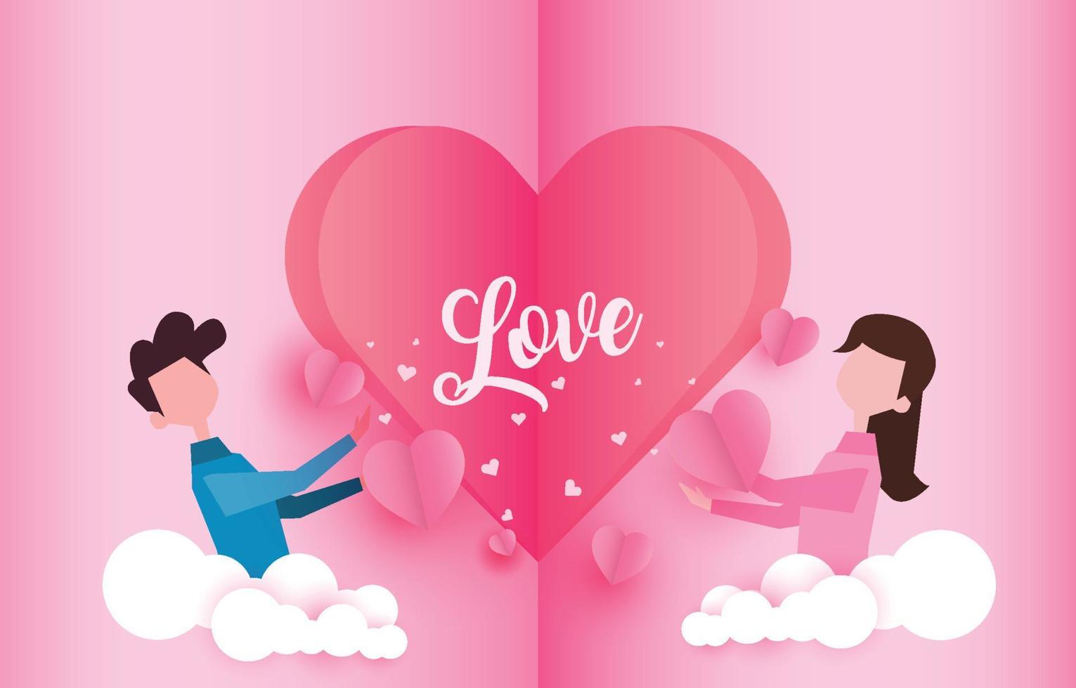 elementos de corte de papel en forma de pareja de jóvenes y haerts fondo de corte de papel. símbolos vectoriales de amor por el feliz día de san valentín, diseño de tarjetas de felicitación. vector