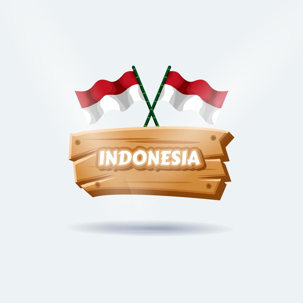 bandera indonesia onda blanca roja con letrero de madera diseño de dibujos animados en 3d vector
