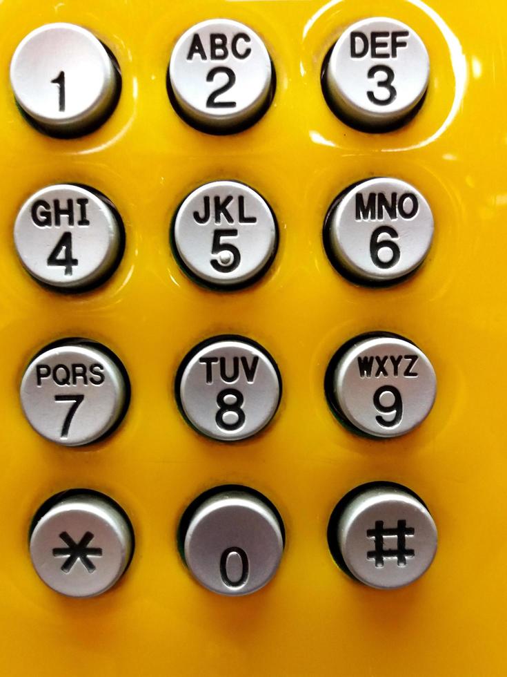 Gray or grey phone numbering keypad for press to call on yellow background. photo