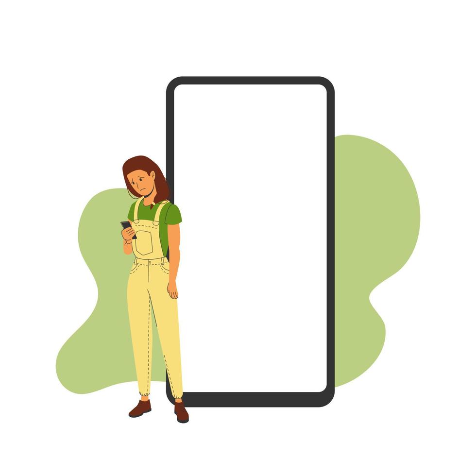 Phone template with correspondence next to a sad woman. Vector illustration
