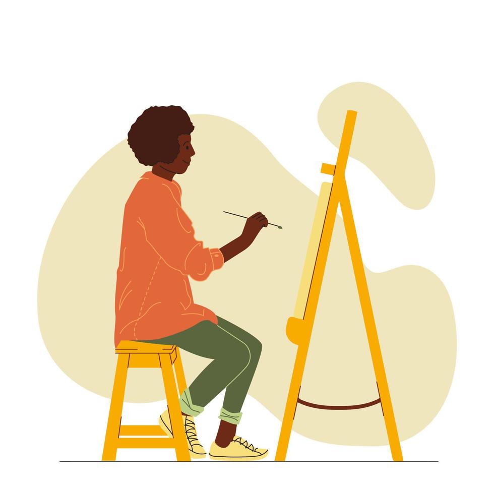 mujer africana pintando sobre lienzo. un artista crea una imagen. ilustración vectorial colorida en estilo plano vector