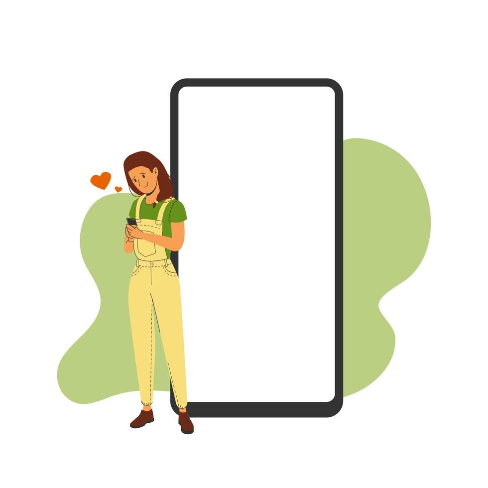 Phone template with correspondence next to a woman in love. Vector illustration