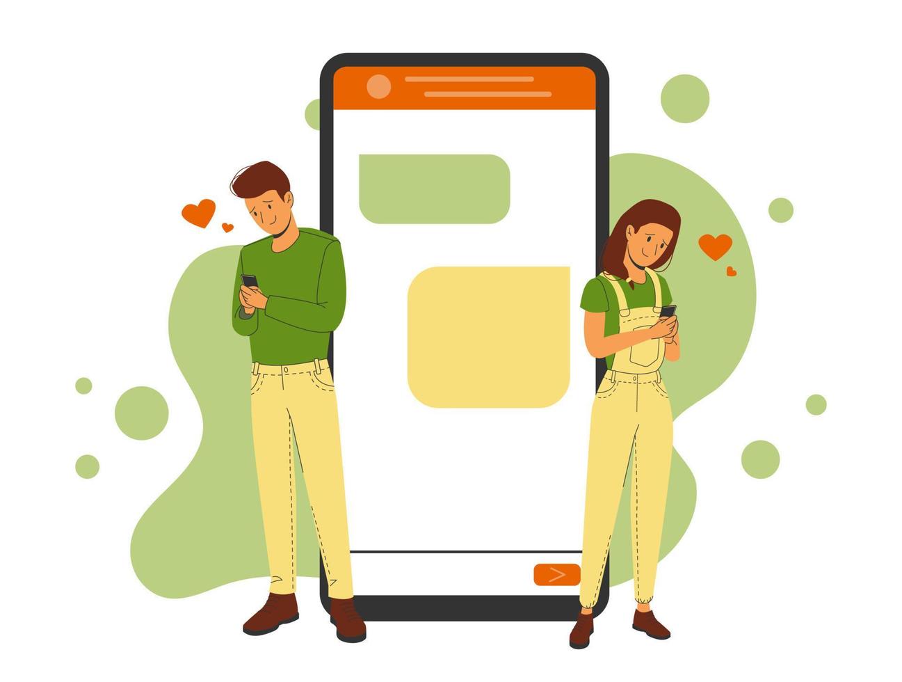 Romantic correspondence of a man and woman in love. Phone template with correspondence next to lovers vector