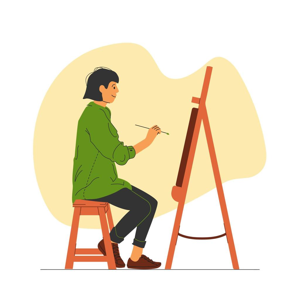 A woman draws on a canvas. The artist creates a painting. Colorful vector illustration in flat style