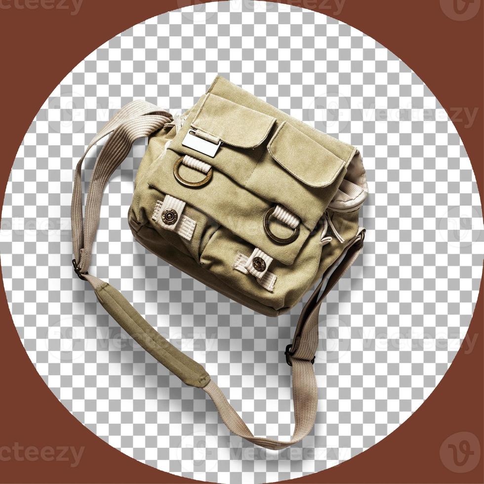 Top up view khaki camera's bag isolated on transparent. photo