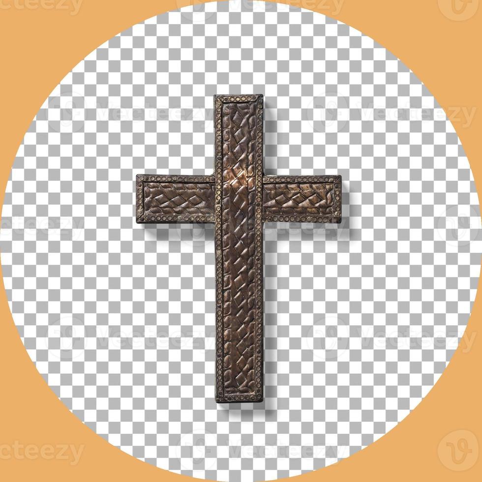 Close up view old rustic bronze holy cross isolated on transparent. photo