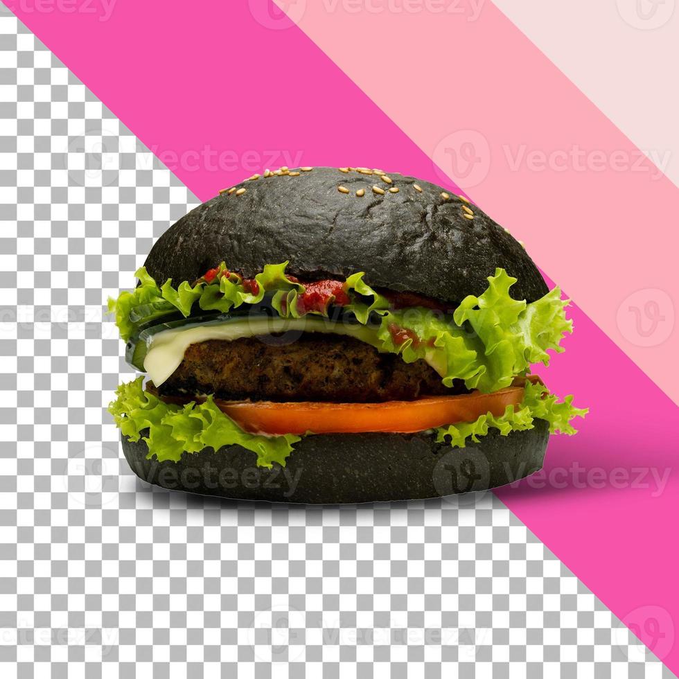 deliciosa y jugosa hamburguesa negra con una gran chuleta de carne sobre un fondo transparente foto