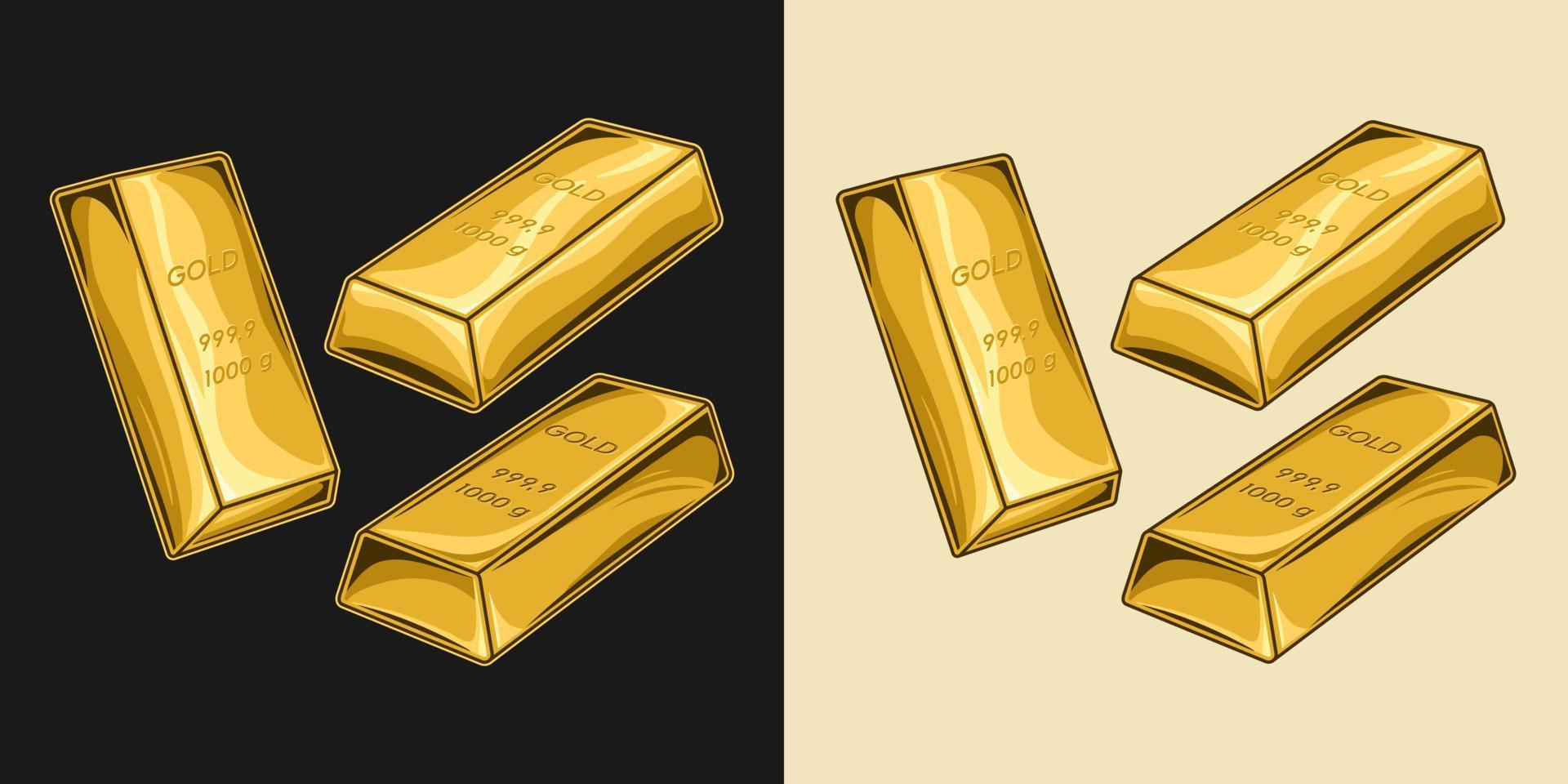 Set of gold bars, ingots, bullions from different angles. Isolated vector illustration on black and white background.