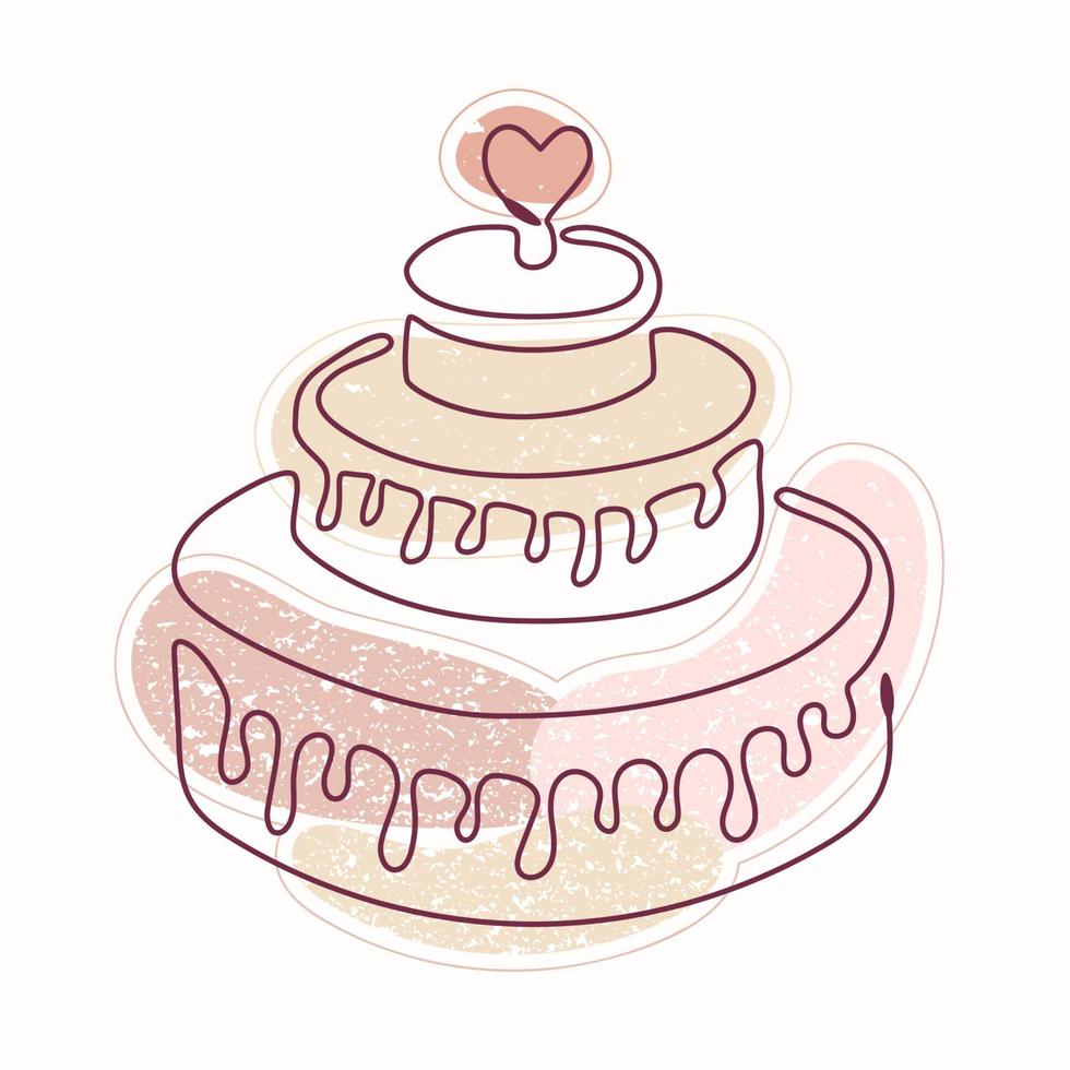 Single line drawing of cake on textured color spots. Vector hand drawn