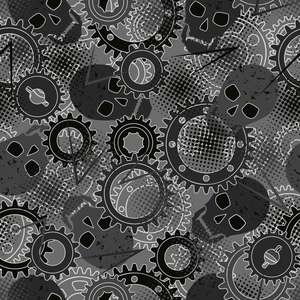 Seamless pattern with silhouette of gears, skulls, dotted halftone texture. Gray camouflage colors for apparel, fabric, textile, sport goods. vector