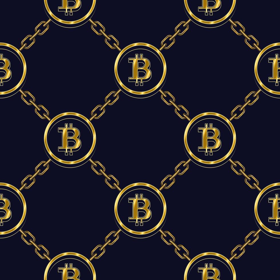 Seamless background with gold bitcoin symbols and diagonal grid with chain on dark blue background. Chess order of elements. Cryptocurrency, digital money pattern. Vector illustration.