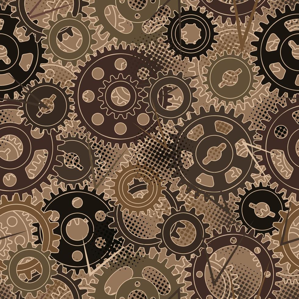 Seamless pattern with gears, dotted halftone texture. Brown camouflage colors for apparel, fabric, textile, sport goods. vector
