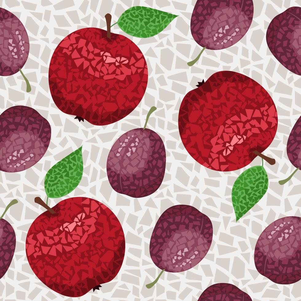 Apples, plums in mosaic style with small polygonal shapes. Fruit seamless vector pattern.