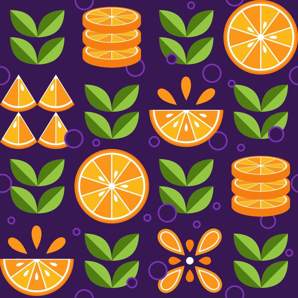 Seamless background with oranges in simple geometric style. Abstract shapes. Good for branding, decoration of food package, cover design, decorative print, background. Inspired Bauhaus vector