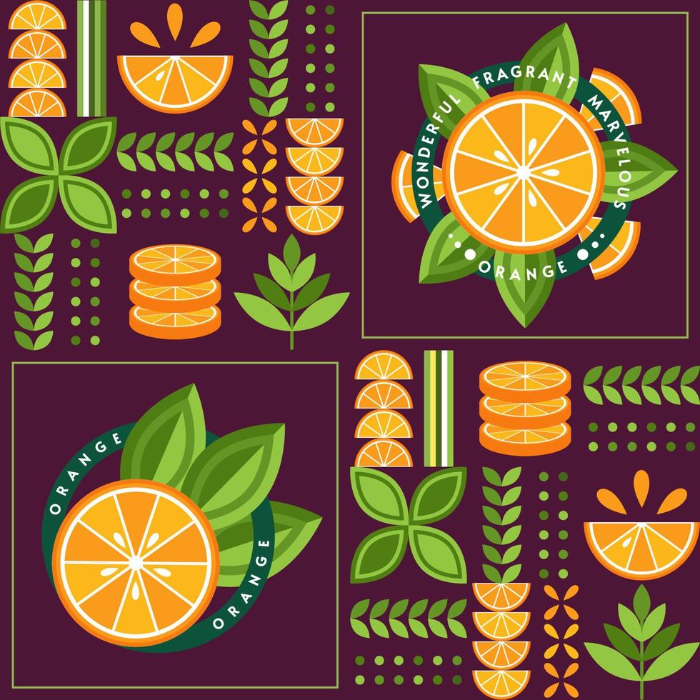 Seamless background with citrus, lemon, orange in simple geometric style. Abstract shapes. Good for branding, decoration of food package, cover design, decorative print, background. Inspired Bauhaus vector